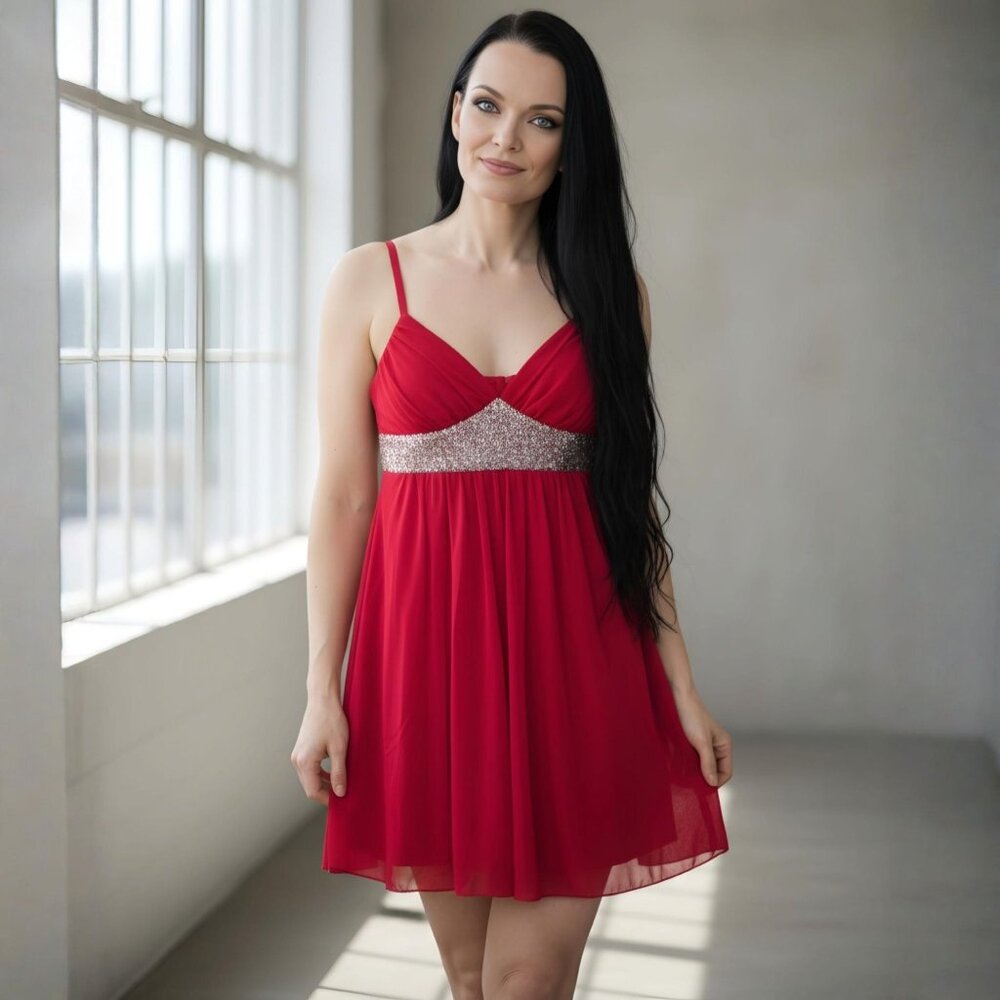 Byer California ✦ Red Chiffon Empire Waist Dress ✦ Sequin Band Spaghetti Straps